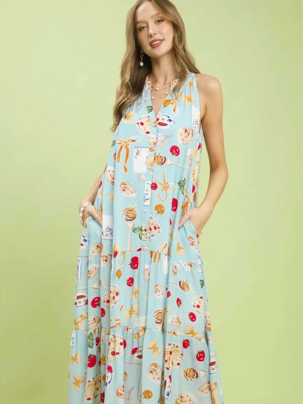 Umgee Abstract Print Tiered Halter Midi Dress